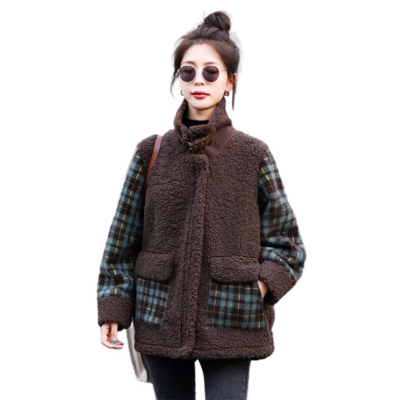 皮毛一体仿羊羔毛呢外套女2025年新款小个子短款加厚羊羔绒大衣外套,女装棉衣/棉服,意芙
