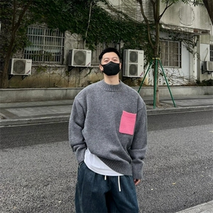 MY23-特P70 口袋撞色圆领宽松毛衣图片