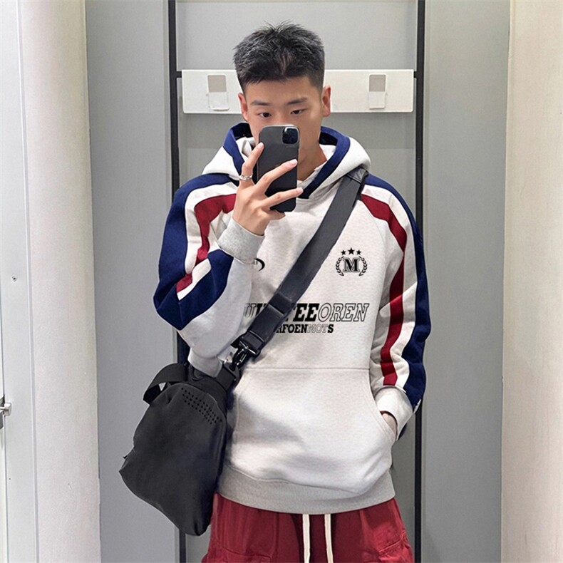 抖音得物供货提供视频秋冬重磅美式宽松接拼连帽卫衣3201，男装卫衣，电商A486