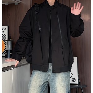 JK2608/P65春装新款现货立领夹克男多拉链宽松潮流大码外套上衣图片