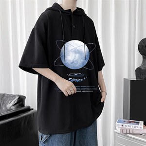 LD54241-P45 连帽短袖t恤男大码胖子带帽五分袖中袖图片