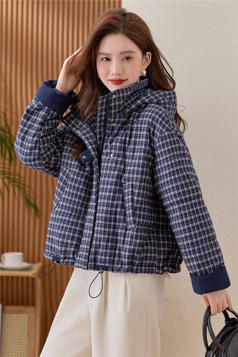 复古格子羽绒棉服女2025冬季新款短款保暖棉衣巨好看的夹棉厚外套,女装棉衣/棉服,涵誉