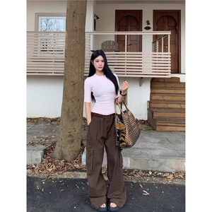 棕色美式工装阔腿裤女秋季2025新款高腰复古显瘦高街设计感休闲裤图片