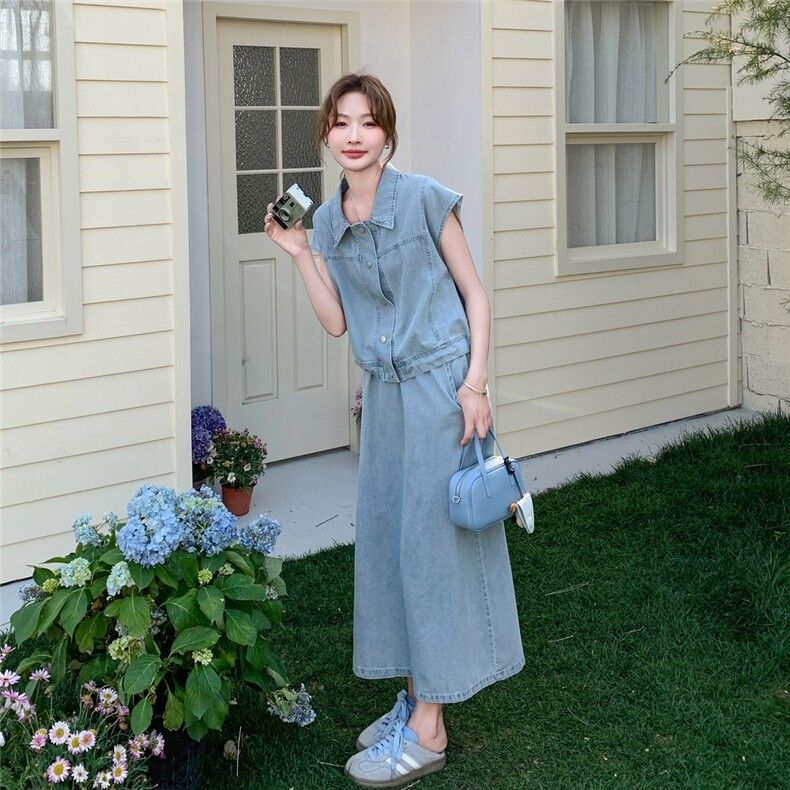浅蓝色复古牛仔套装裙女2025夏季一整套ootd穿搭减龄半身裙两件套,女装套装/套裙,2C159