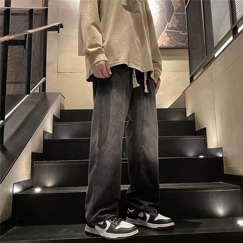 美式高街vibe黑色渐变抽绳牛仔裤男oversize潮牌直筒裤子-NK701,男装牛仔裤,星座601-2