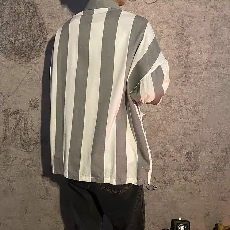 复古拼接口袋条纹衬衫男装长袖春季帅气休闲衬衣韩版宽松薄款外套,男装衬衫,星座506A