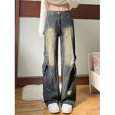 现货高街vibe风重工牛仔裤男宽松直筒拼接阔腿长裤子WL88122-p55，男装牛仔裤，星座1008
