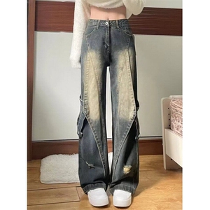 现货 高街vibe风重工牛仔裤男宽松直筒拼接阔腿长裤子WL88122-p55图片