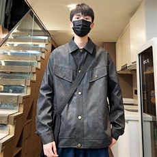 男士皮夹克薄款春季机车皮衣翻领潮外套按扣宽松A266-PY009-P100，男装皮衣，电商A266