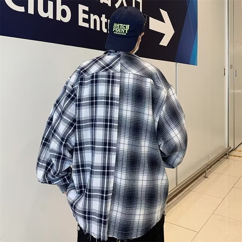 格子拼接衬衫男女长袖潮牌刺绣百搭衬衣港风bf宽松休闲外套-S390,男装衬衫,星座601-2