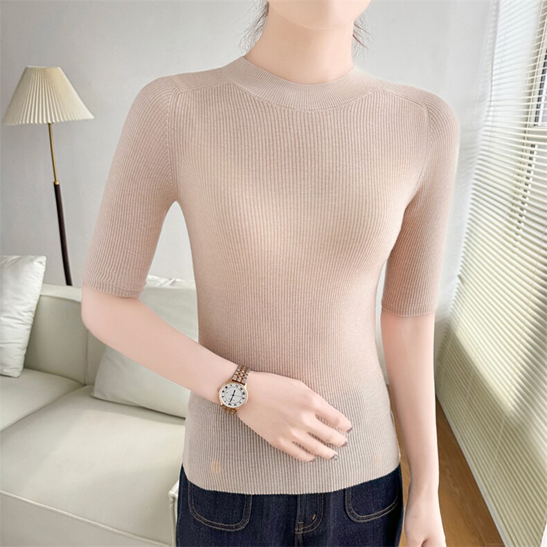 2025春夏新半高领套头纯羊毛五分袖衫女休闲显瘦简约通勤百搭打底，女装T恤，诚赞羊绒