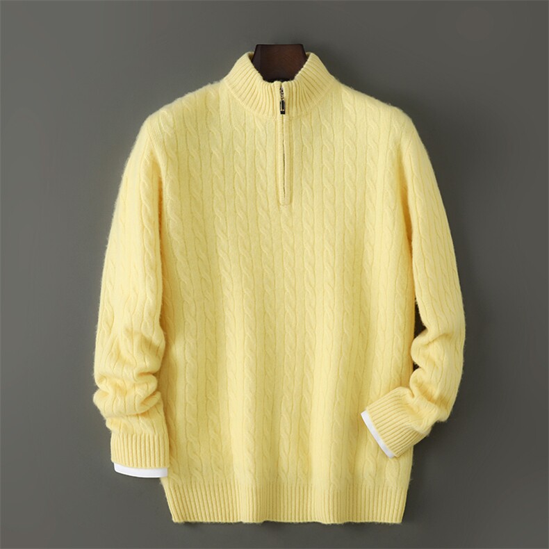 2025百搭时尚简约半开拉链领麻花绞花羊毛衫，男装羊毛衫，千国羊绒