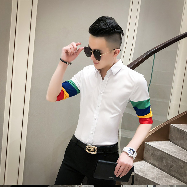 20春夏新款社会男潮流衬衫个性撞色中袖夜店男衬衣A068-D567,男装衬衫,星座419（原A233）