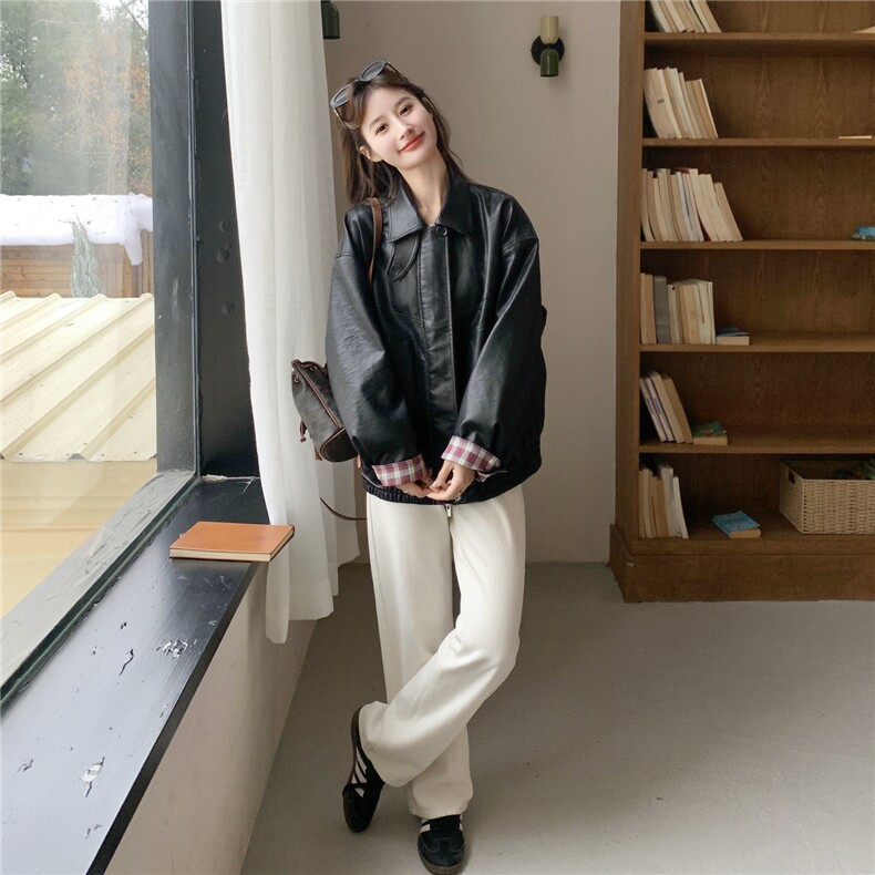 美式复古机车女孩皮衣女2026新款春季翻领宽松高级格纹撞色外套,女装皮衣,艾米莉亚