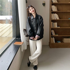 美式复古机车女孩皮衣女2026新款春季翻领宽松高级格纹撞色外套，女装皮衣，艾米莉亚