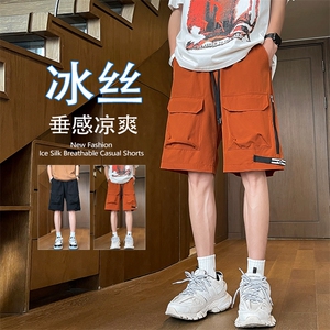 美式高街工装短裤男夏季薄款潮牌冰丝裤子女休闲运动过膝五分中裤图片