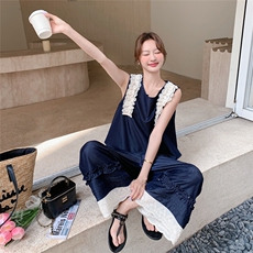 蕾丝木耳边无袖软牛仔上衣阔腿裤两件套女夏超火独特绝美韩系套装，女装套装/套裙，浙宝208