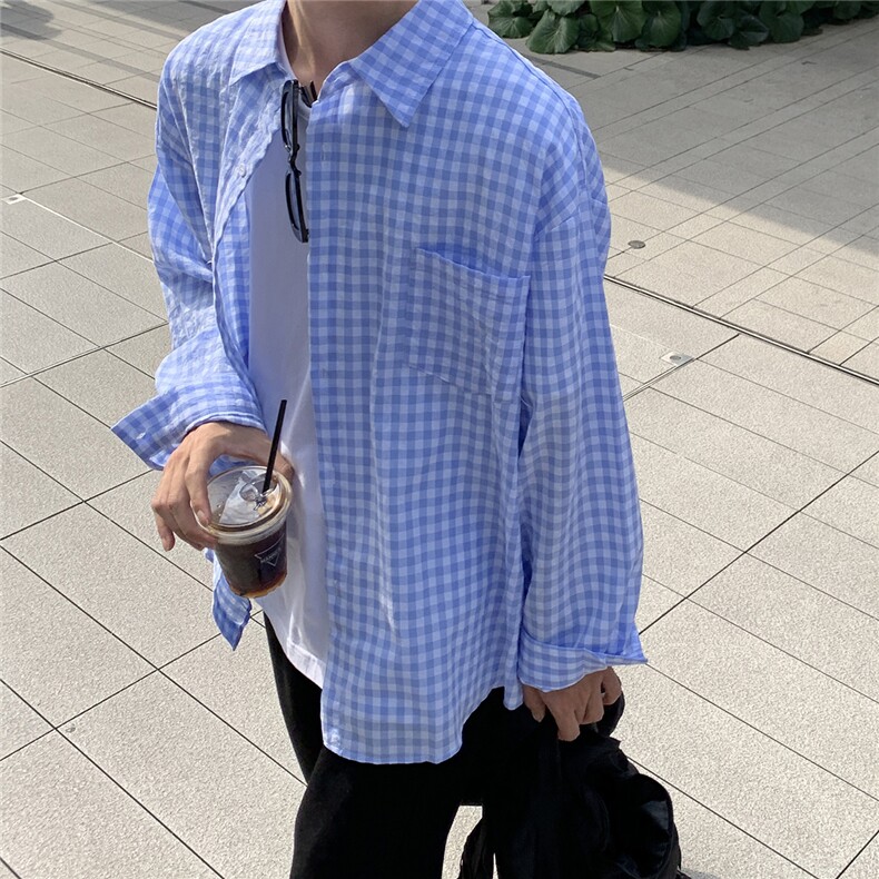 B413-1-DX825格子长袖衬衫男港风休闲男女同款衬衣薄外套宽松控79,男装衬衫,电商B413-1