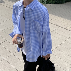 B413-1-DX825格子长袖衬衫男港风休闲男女同款衬衣薄外套宽松控79图片