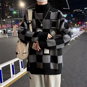 美式复古棋盘格高领毛衣男秋冬季ins潮牌宽松针织衫外套M25-P45图片