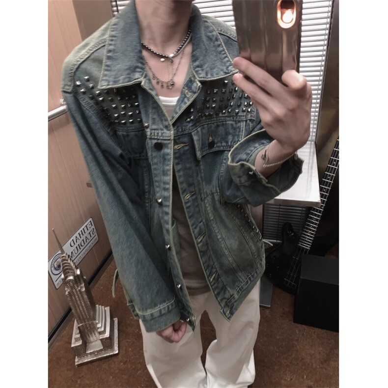 秋冬复古牛仔外套男女宽松百搭重工铆钉做旧慵懒休闲夹克JK8644，男装工装外套，星座1116A（原606A-3）