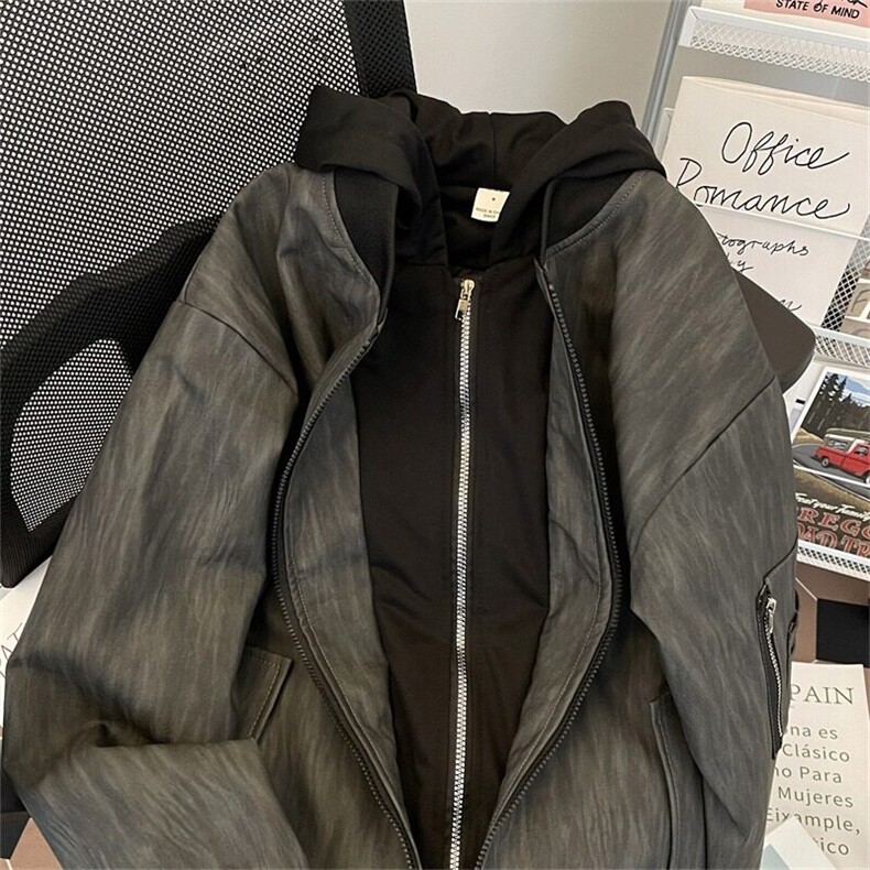 美式棒球服皮衣男春秋季宽松连帽假两件外套夹克潮牌LJ85399-P85,男装夹克,星座1008