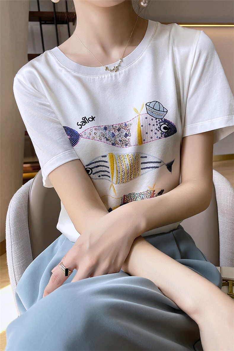 重磅真丝t恤女短袖印花桑蚕丝白色圆领小衫2024夏装半袖短款上衣,女装T恤,兴泰羊绒