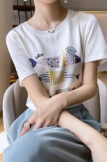 重磅真丝t恤女短袖印花桑蚕丝白色圆领小衫2024夏装半袖短款上衣，女装T恤，兴泰羊绒