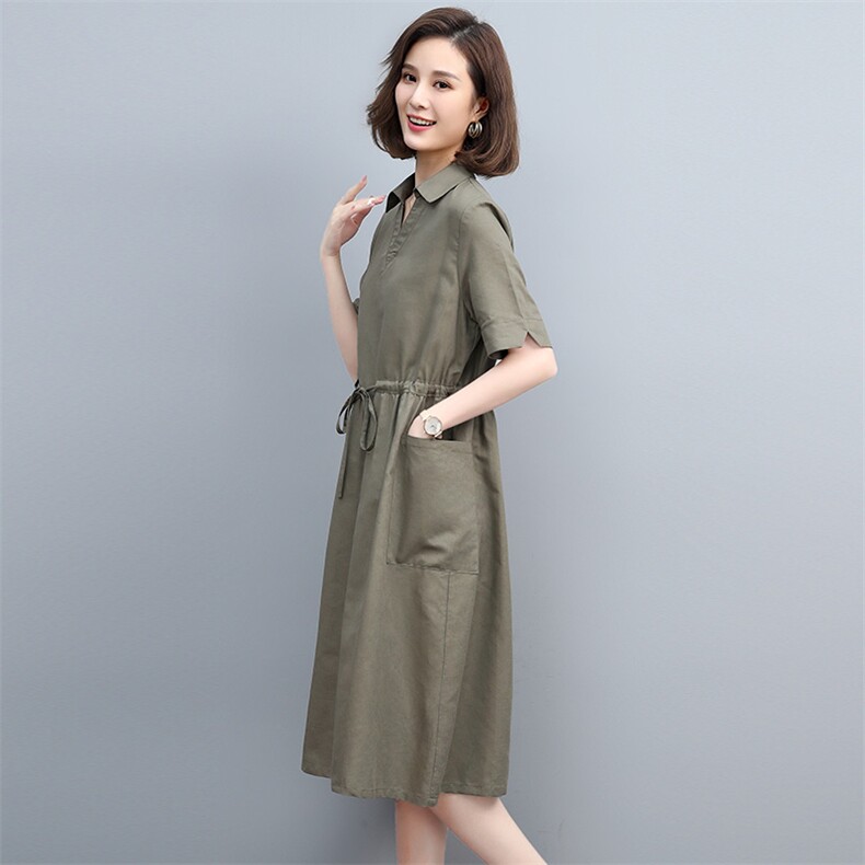 夏季棉麻中长连衣裙V领宽松显瘦系带真口袋咖啡中年妈妈大码裙子图片