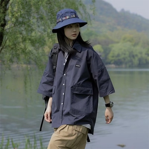 夏季新款衬衫潮流慵懒方领工装衬衫QK638P32图片