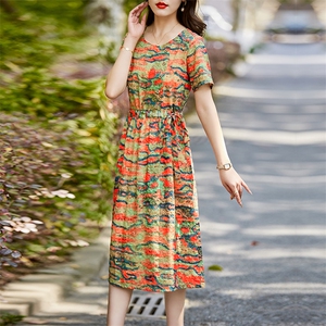 碎花连衣裙女2024夏季新款韩式显瘦棉麻风中年妈妈小个子复古裙子图片