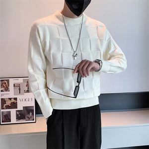 网图78563-P60白色格子毛衣男圆领秋冬季潮牌针织衫打底衫轻熟风图片
