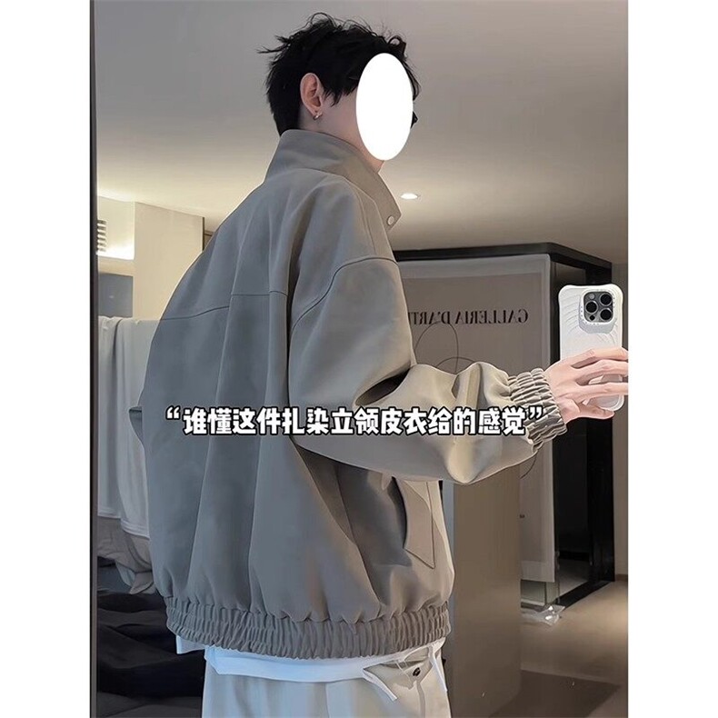 雾面扎染皮衣外套男款春秋美式复古飞行员夹克立领短款机车棒球服，男装夹克，星座1904A-1