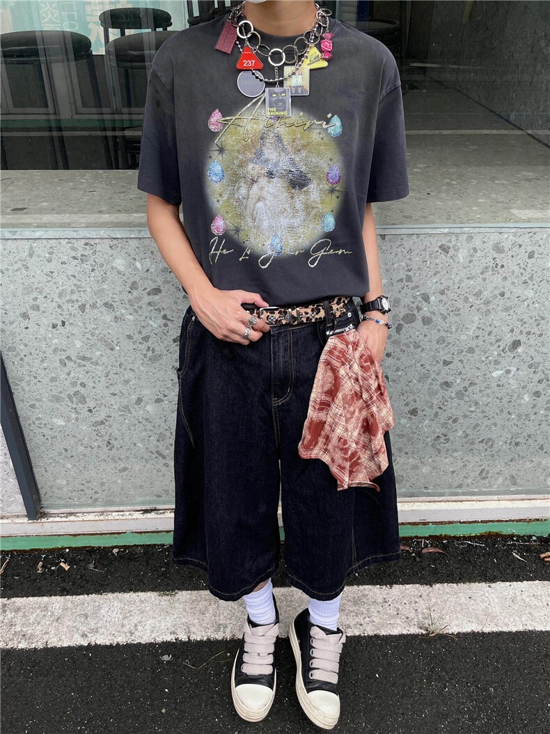 现货-N150-P58黑色牛仔七分裤休闲短裤中裤可拆卸方巾,男装牛仔裤,电商B327