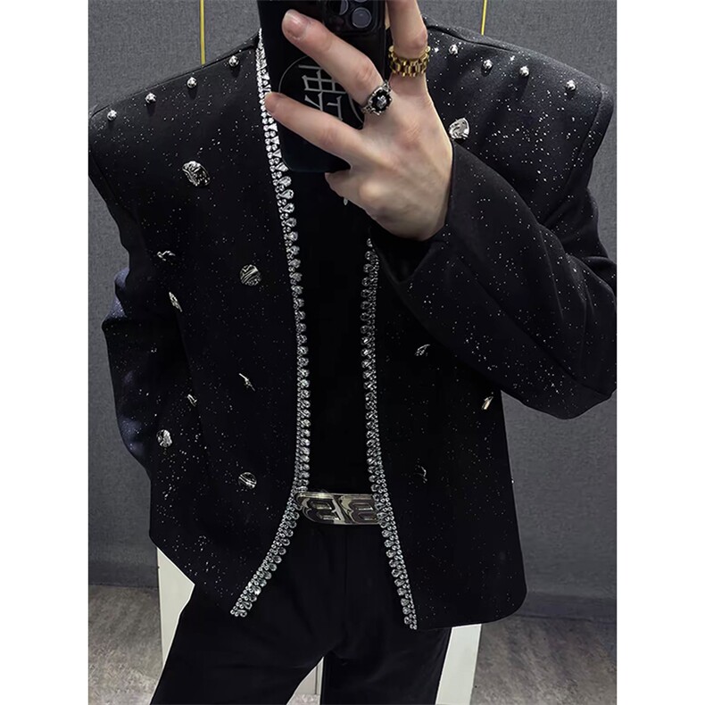 网图短款西装外套男满天星细闪柳钉手工钻设计感宽松西服XZ19P148,男装西服套装,星座512-1（原513-3）