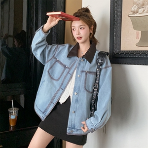 高级感拼色复古休闲牛仔外套女2025春秋新款韩系减龄甜美夹克上衣图片