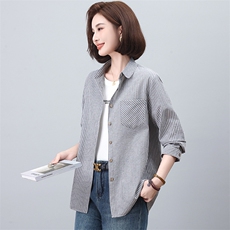 条纹衬衫女2025年春秋新款时尚休闲中年妈妈简约百搭薄款长袖衬衣，女装衬衫，独衣靓