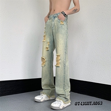 2023夏季美式高街破洞毛边小众弹力牛仔裤货号K723P65，男装牛仔裤，电商A063