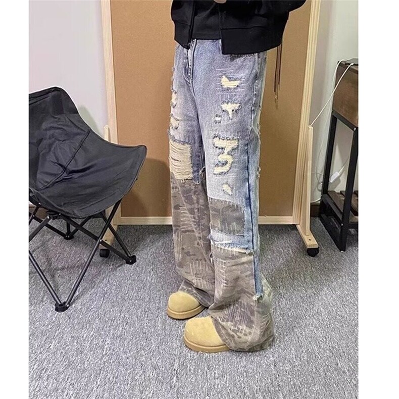 迷彩半拼接牛仔裤痞帅重工破洞做旧男女阔腿牛仔裤,男装牛仔裤,星座410-7