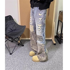 迷彩半拼接牛仔裤痞帅重工破洞做旧男女阔腿牛仔裤，男装牛仔裤，星座410-7