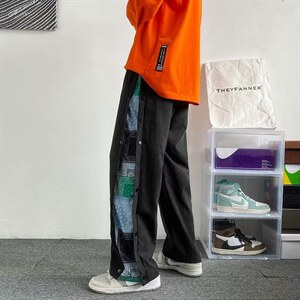 男士休闲裤高街ins潮牌坠感宽松阔腿裤拼接卫裤排扣运动裤B662P32图片