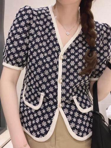 刺绣麻棉珍珠扣开衫，女装，新袖