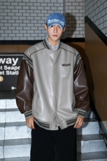 高街美式复古拼接罗纹pu棒球服情侣皮衣夹克外套男女G1094P108，男装夹克，电商A339