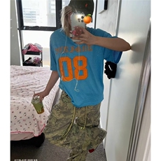 美式运动白色短袖T恤女新款宽松显瘦休闲百搭V领网眼上衣YTX160，男装T恤，星座208-5