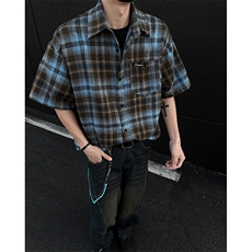 8XL-M美式格子短袖衬衫男上衣复古宽松格纹五分袖衬衣CS524P48，男装衬衫，电商D206-1
