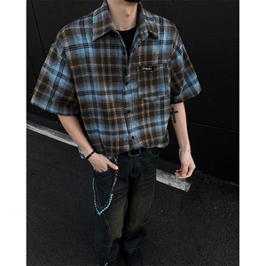 8XL-M 美式格子短袖衬衫男上衣复古宽松格纹五分袖衬衣CS524P48图片