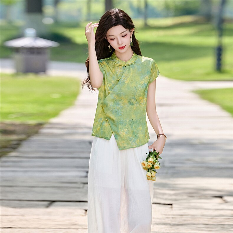 新中式套装女2026夏新款洋气不规则盘扣上衣+阔腿裤两件套,女装套装/套裙,姿衣坊
