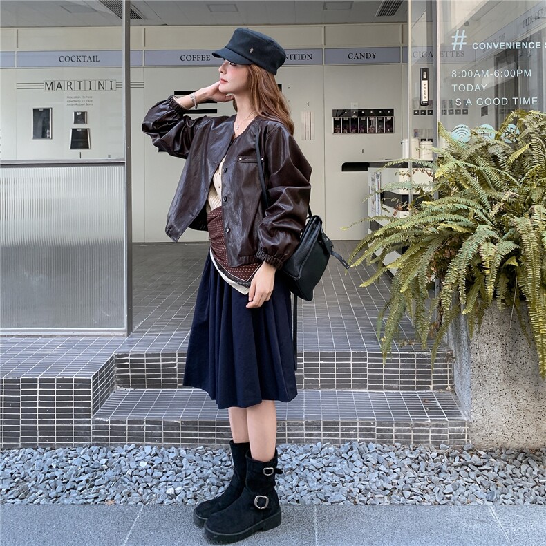 咖色复古高级感短款PU皮衣外套女2025秋季小个子时尚休闲圆领夹克,女装短外套,2C201