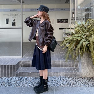 咖色复古高级感短款PU皮衣外套女2025秋季小个子时尚休闲圆领夹克图片