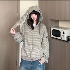 网图秋季新款氛围感学院风耳朵条纹连帽卫衣外套百搭D474特P68，女装短外套，电商A335-1（原A458）
